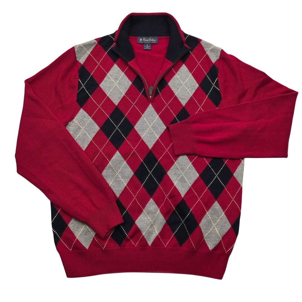 Brooks Brothers Red Argyle‎ Italian Merino Wool 1/4 Zip Pullover Sweater Mens M